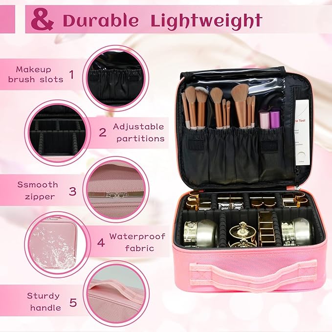 Cosmetic Storage Case with Adjustable Compartment - Rose Pink