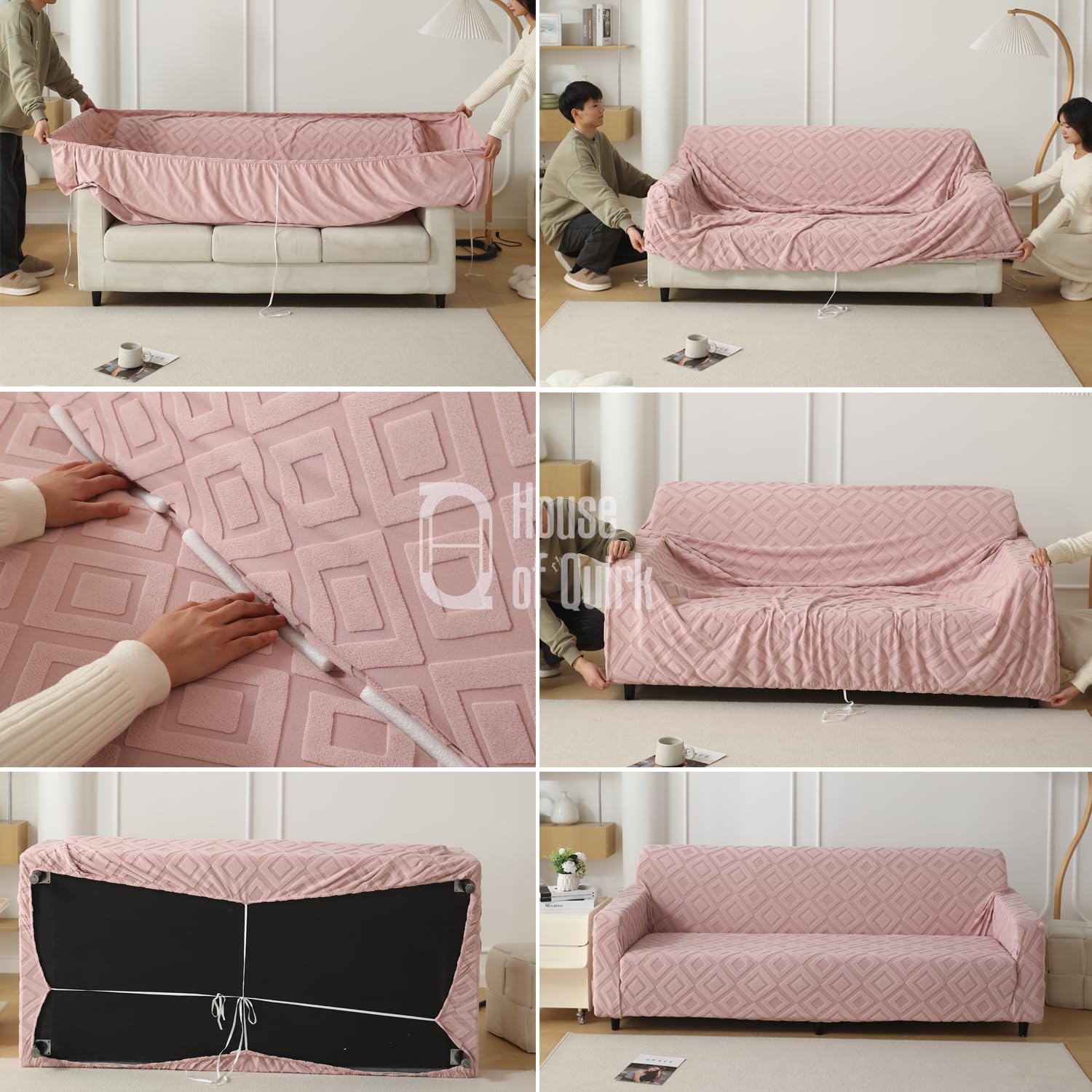 Jacquard Fabric Diamond Texture Sofa Cover 220 GSM (Pink)