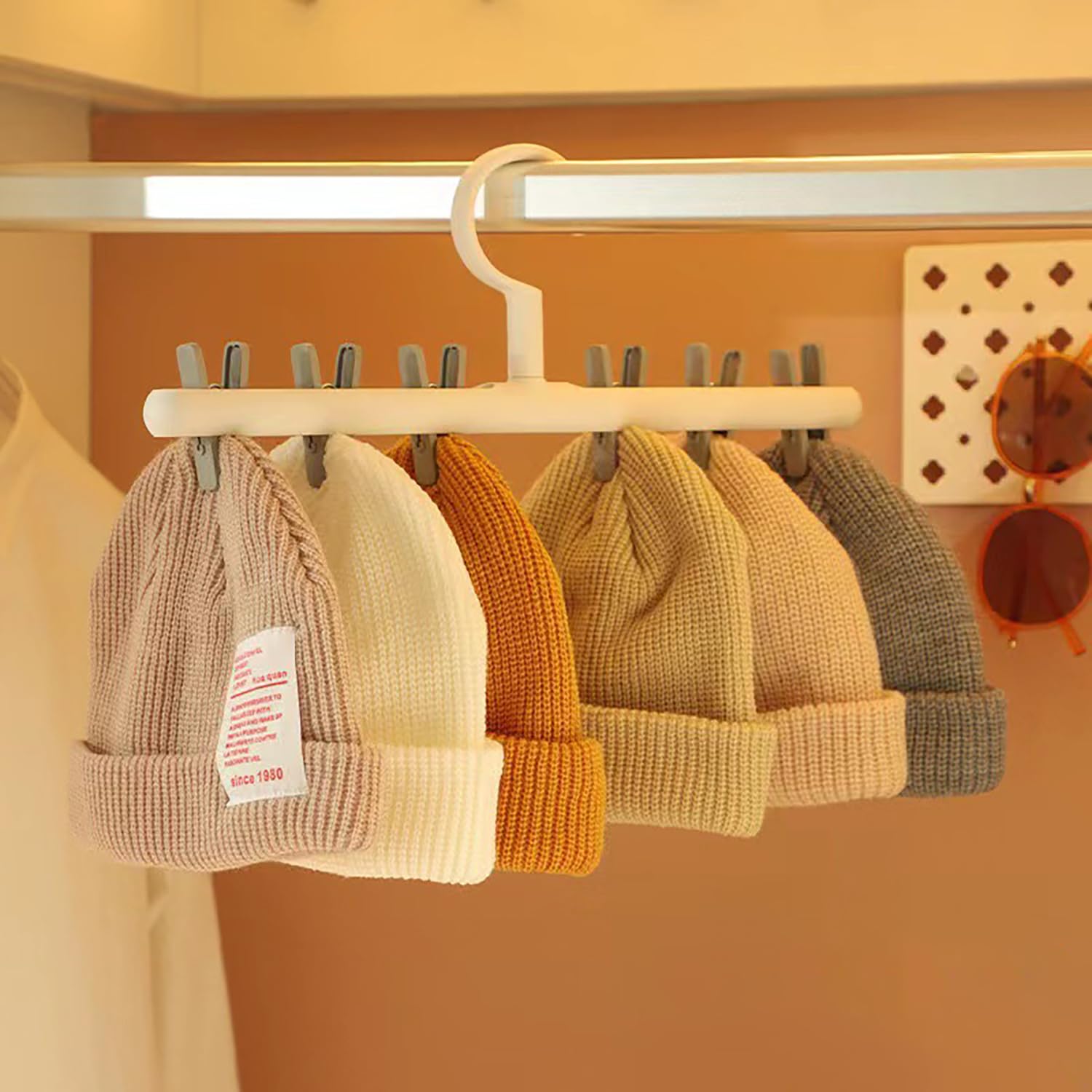 360° Rotating Hat Organizer with Clips Hanging Rack for Caps, Socks & Clothes – White