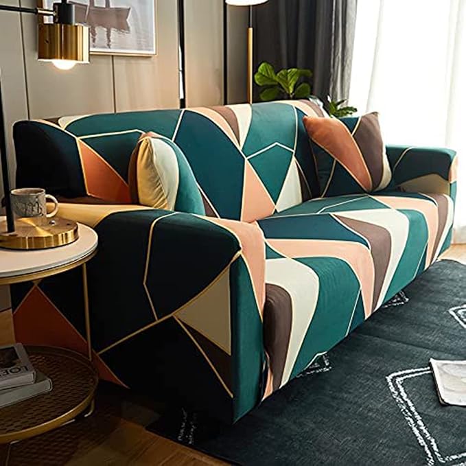 Universal 3 Piece Sofa Covers (3+1+1 Seater, Green/Peach Prism)