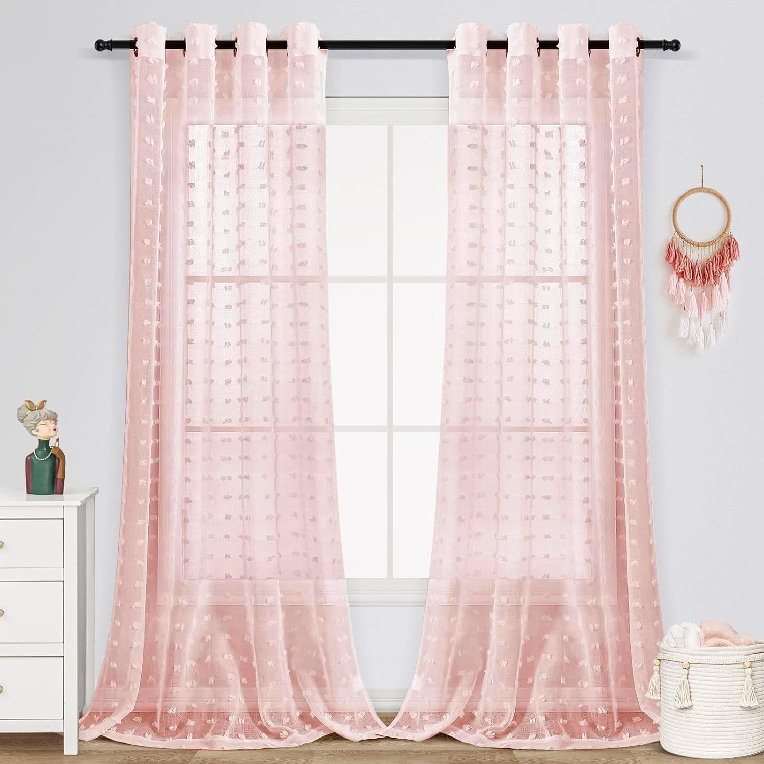 Pom Pom Grommet Sheer Curtains 8 Feet 2 Panels 96 Inch (Pack of 2)