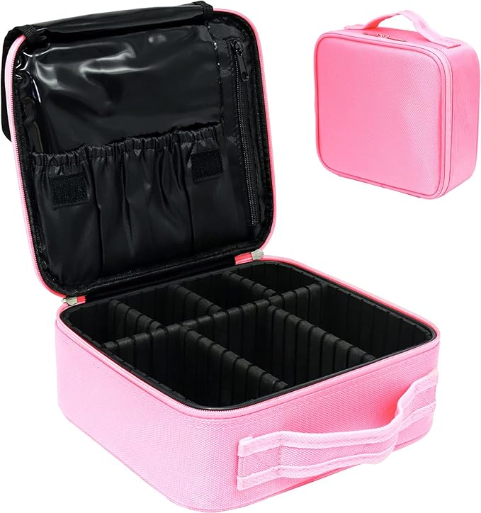 Cosmetic Storage Case with Adjustable Compartment - Rose Pink