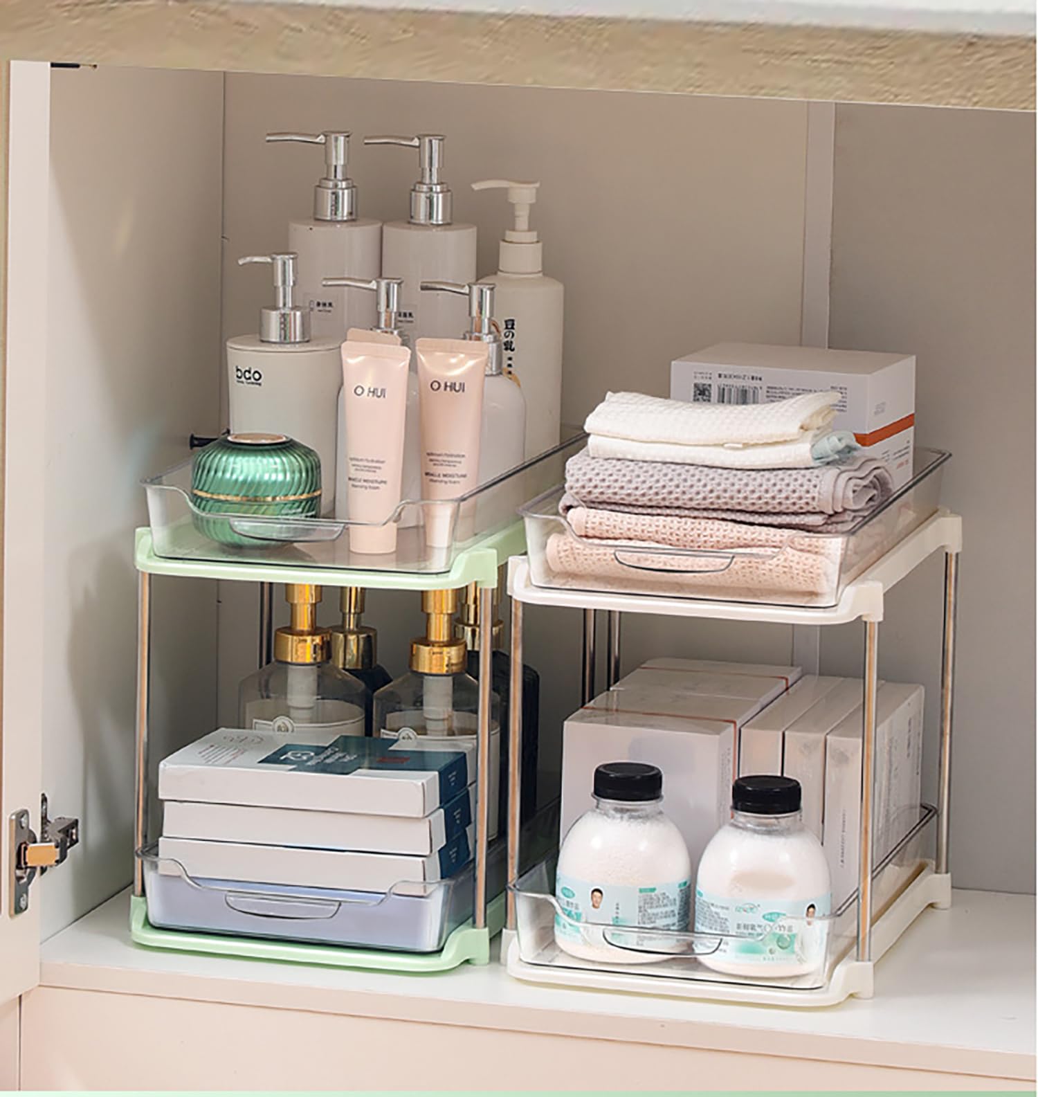 2-Tier Under-Sink Sliding Storage Shelf – Cream Transparent