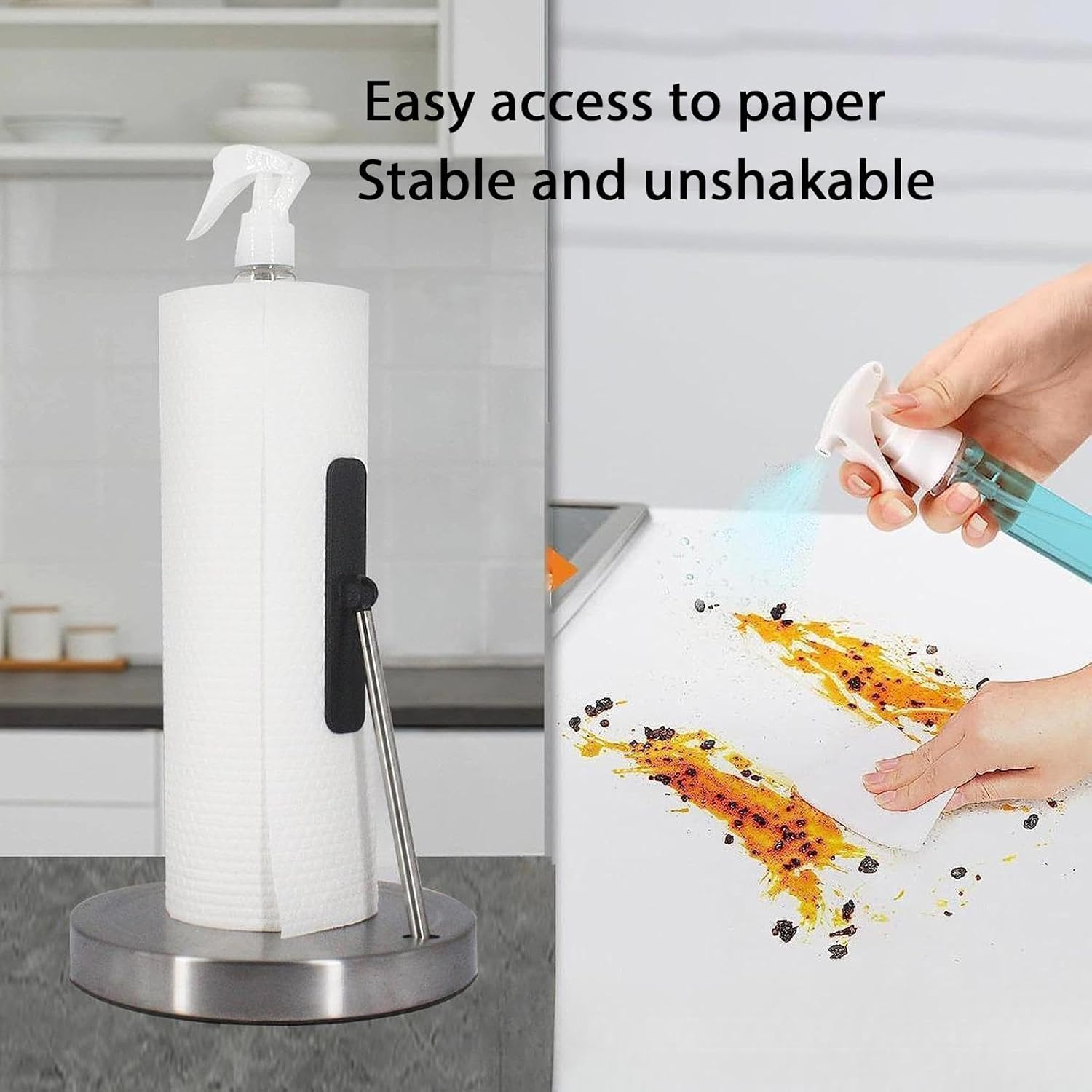 2-in-1 Stainless Steel Paper Towel Holder with Spray Bottle, Suction Base, One-Hand Tear Design (Silver)
