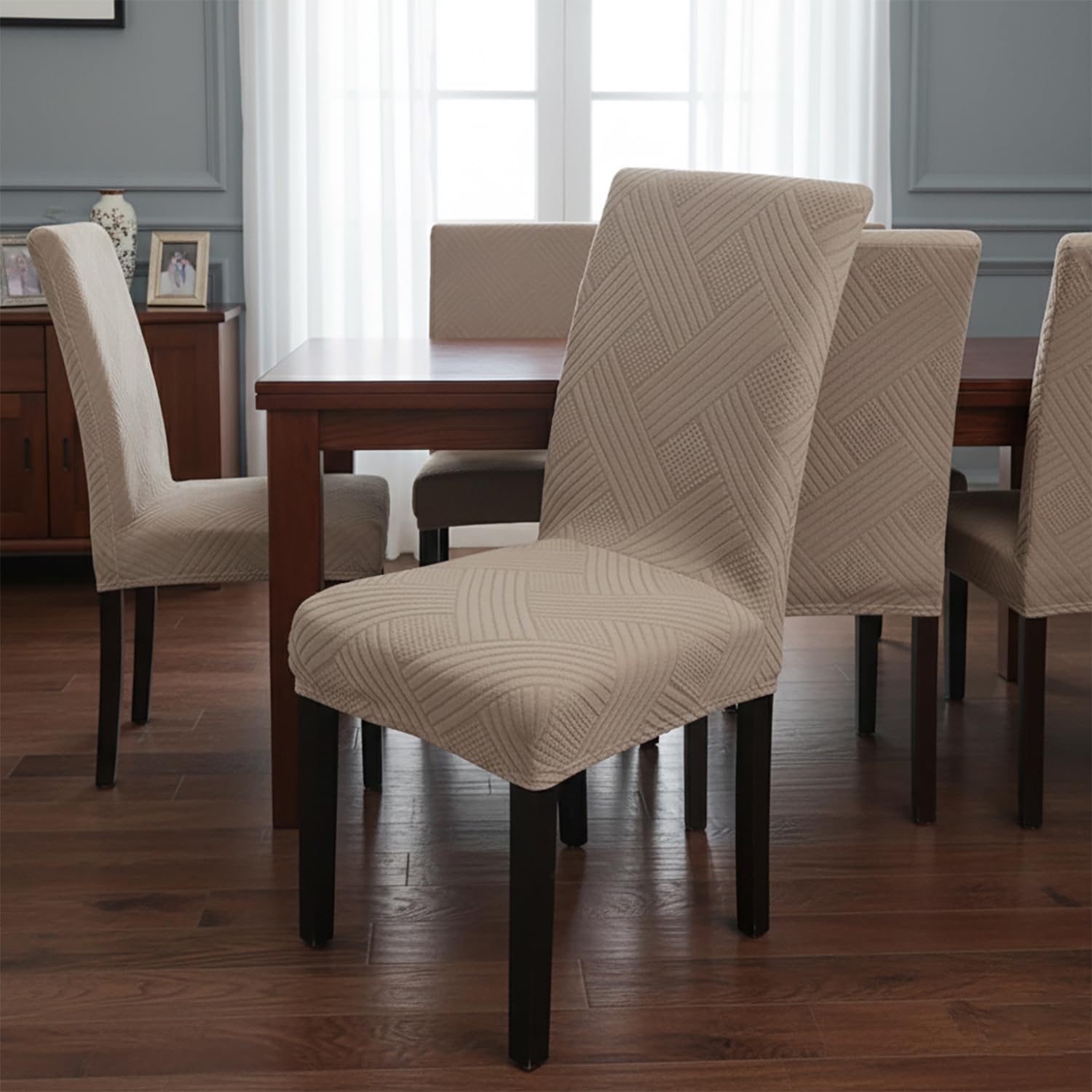 Universal Fit Elegant Jacquard Chair Cover – 220 GSM Stretch Fabric (Khaki)