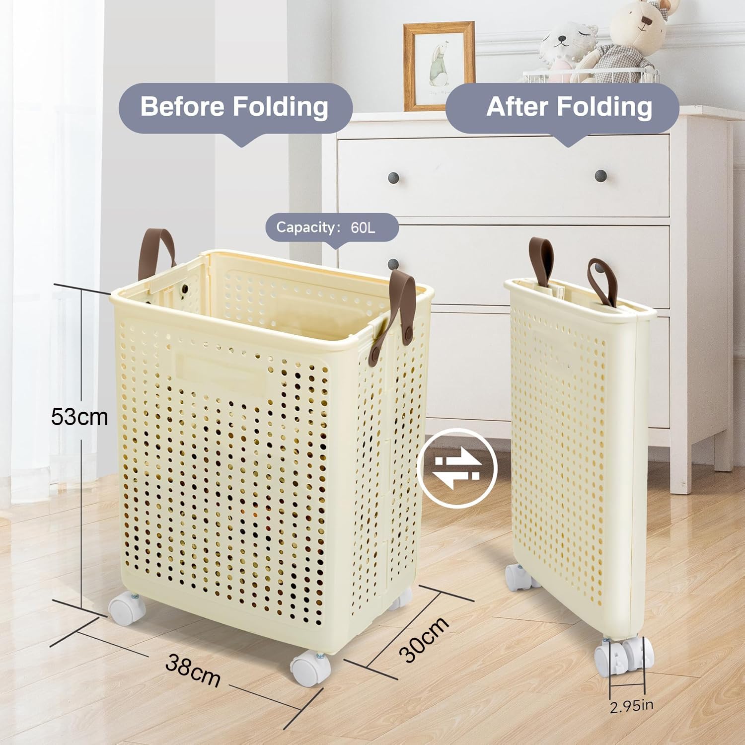 Collapsible Laundry Basket with Wheels and Handle