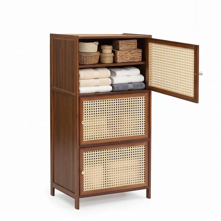 Wooden Cane Storage Cabinet with Rattan Doors - Brown
