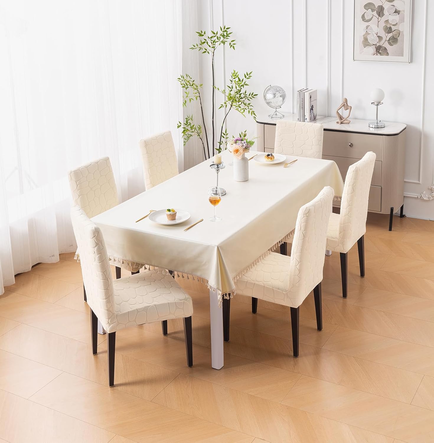 Premium Stretch Dining Chair Covers – 220 GSM Thick Jacquard Fabric- Beige