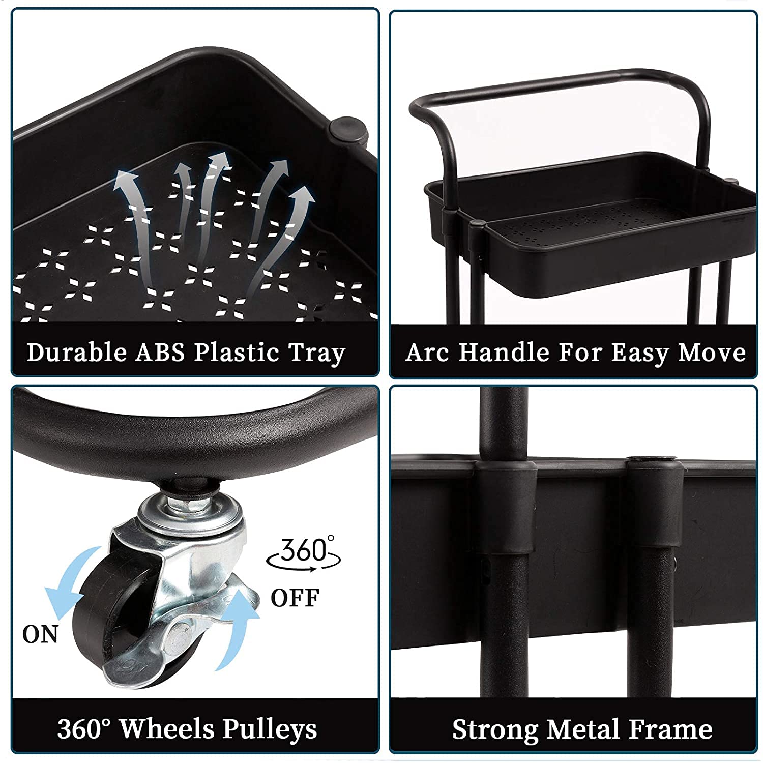 3 Tier Storage Trolley Metal Utility Trolley Storage Trolley, Multi-Purpose - (Black)