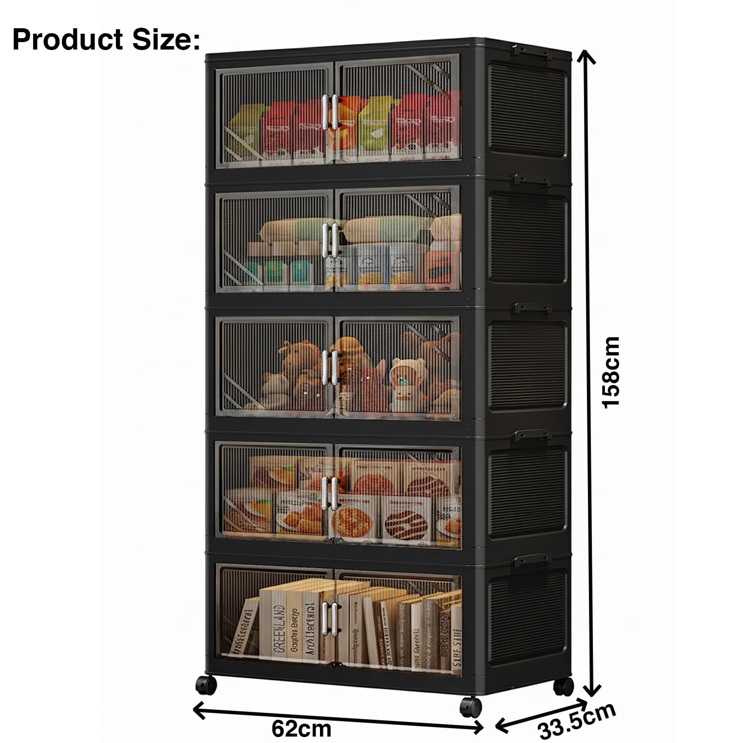 Foldable Storage Box with Wheels & Transparent Windows (Black, 62cm)