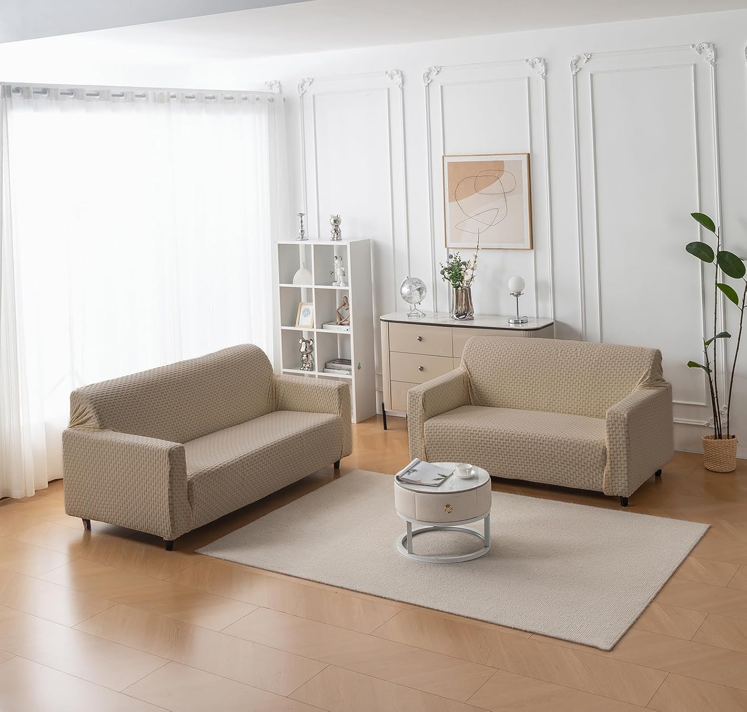 Elegant Jacquard Fabric 220 GSM Sofa Cover – Ultra Soft Stretchable (Khaki)
