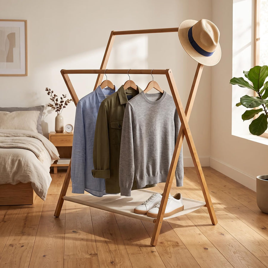 Bamboo Folding Clothes Rack - Beige