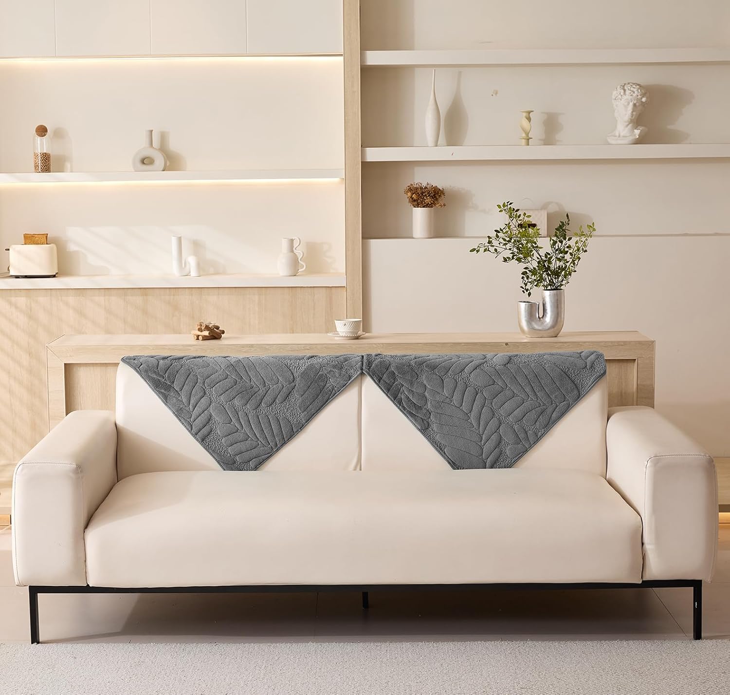 Sofa Cover Mat Leaf Coral Fleece Chenille Fabric Seater Sofa (Charcoal)