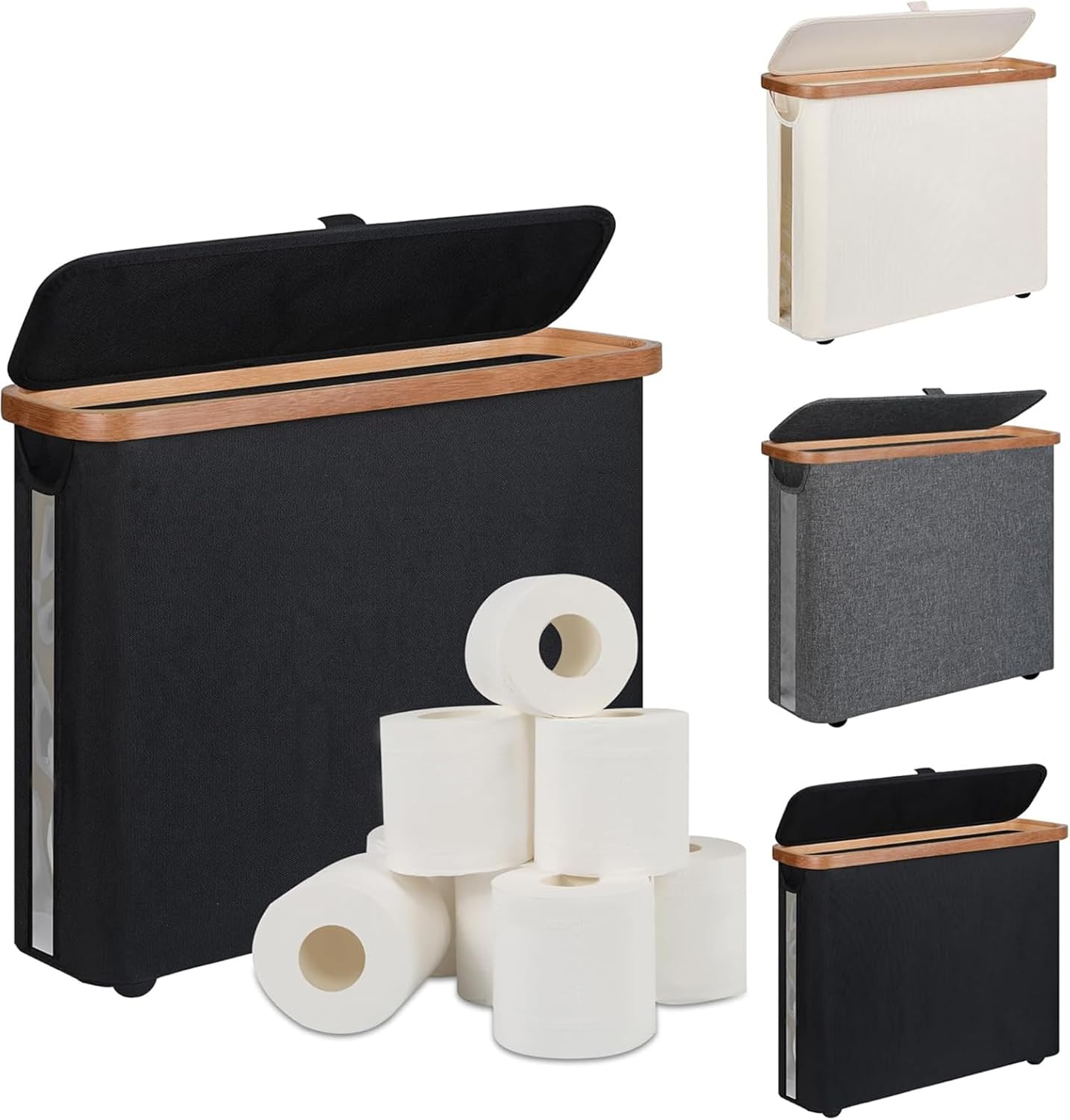 Toilet Paper Storage Basket with Lid Free-Standing Bathroom Organizer (Black)