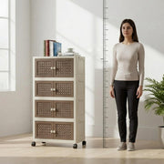 Rattan Design Foldable Storage Box with Wheels (Cream/Brown)