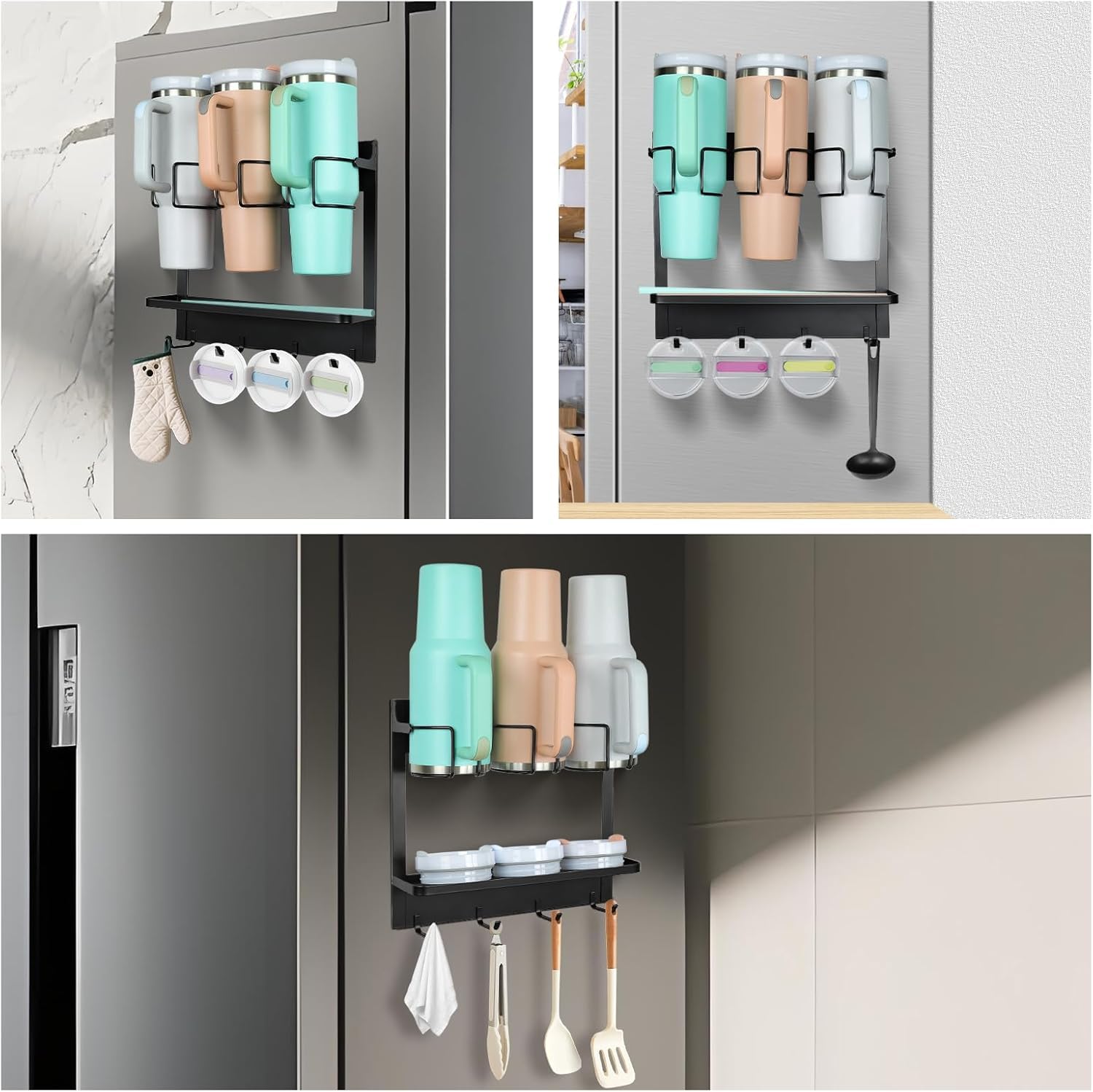 Magnetic Tumbler Organizer for 40 oz Water Bottle Holder with 4 Hooks (Black)