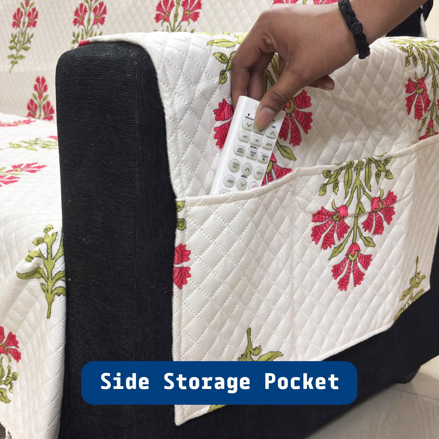 IKATRA Series Quilted Printed Sofa Cover for Indian Sofa Set with Side Pocket (Ivory Phool)
