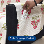 IKATRA Series Quilted Printed Sofa Cover for Indian Sofa Set with Side Pocket (Ivory Phool)