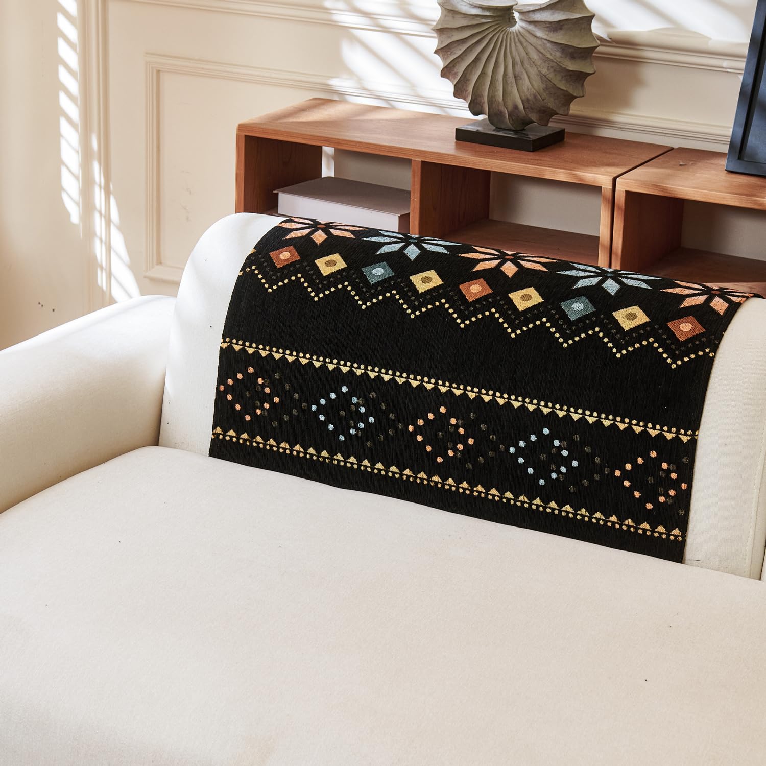 Rangoli Series Chenille Bohemia Couch Cover Quilted Non-Slip Washable Sofa Slipcover (Black)