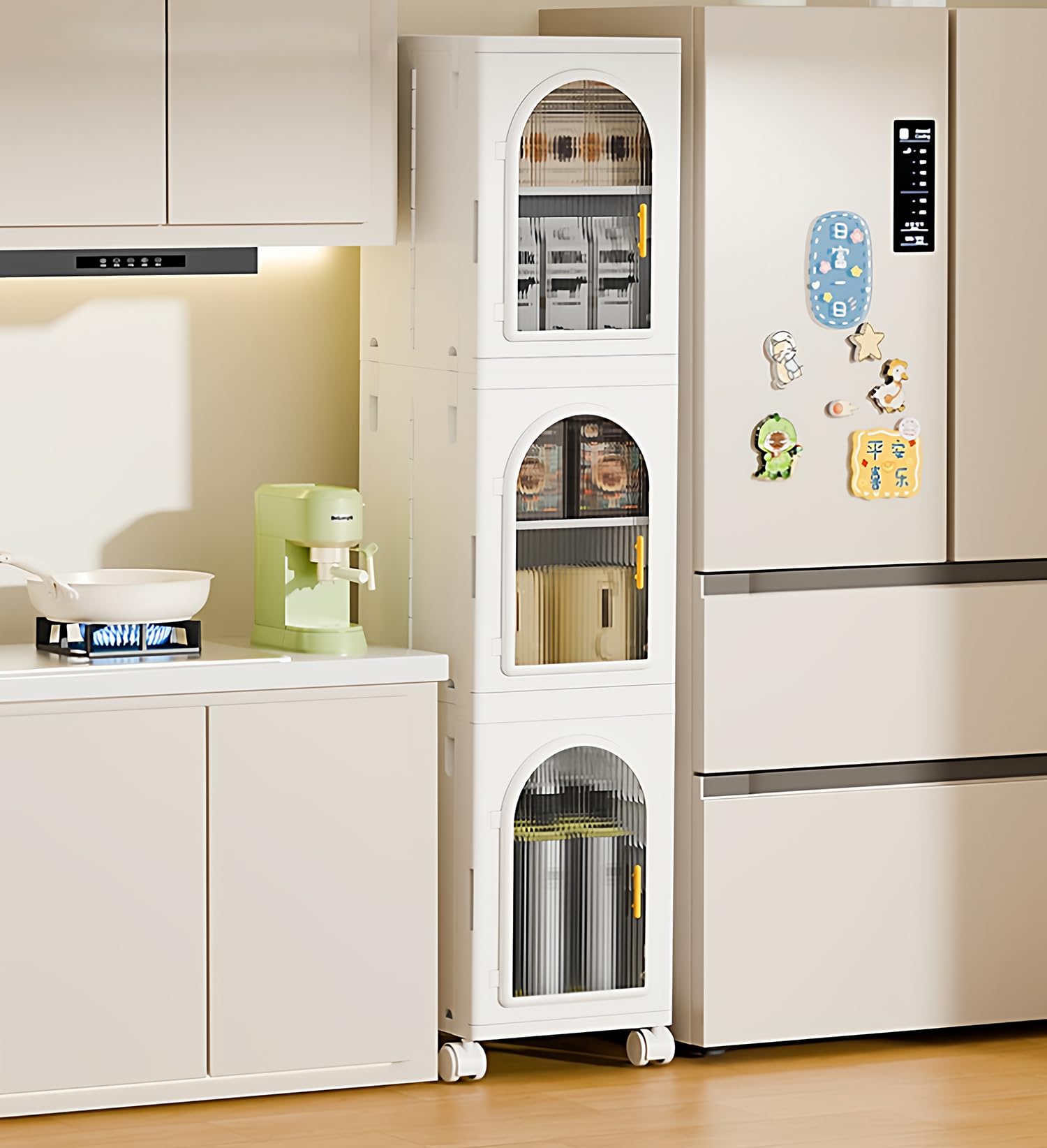 3-Layer Slim Bathroom & Kitchen Storage Cabinet with Transparent Drawers and Wheels – White