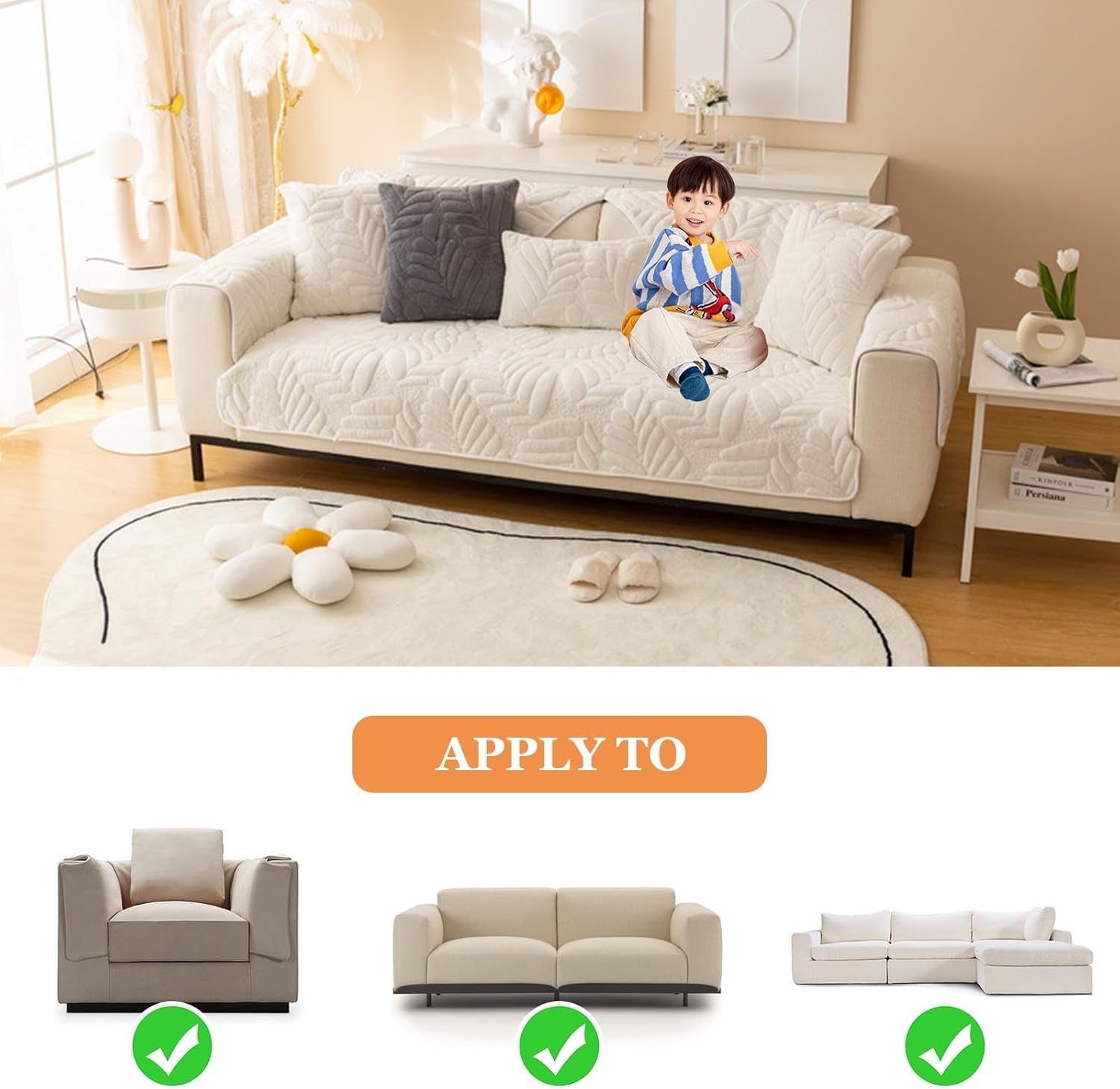 Sofa Cover Mat Leaf Coral Fleece Chenille Fabric Seater Sofa ( Cream)