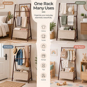 Bamboo Foldable 3-Bar Clothes Rack with Storage Bag - Brown