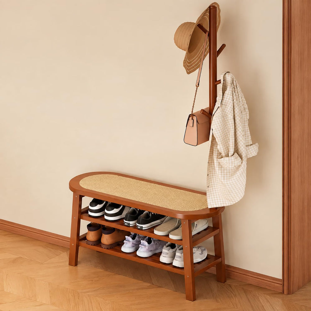 Bamboo Shoe Rack Bench with 4 Hook Coat Rack - Brown