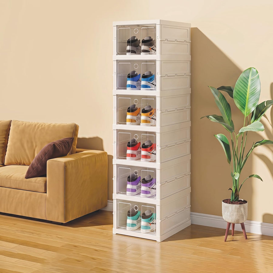 6-Layer Foldable & Stackable Shoe Cabinet with Transparent Front Door (Transparent)