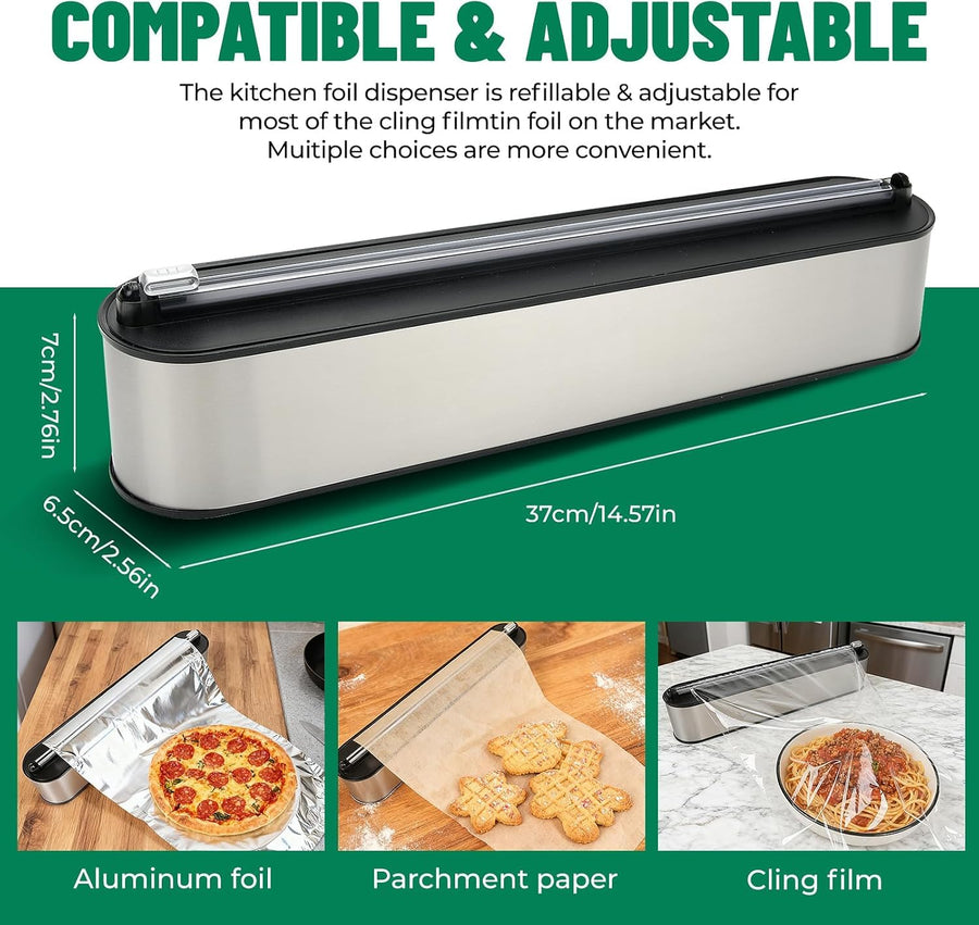 Aluminum Foil & Plastic Wrap Dispenser with Sliding Cutter-Silver