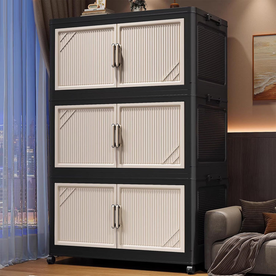 Multi-Tier Foldable Storage Box with Wheels (Black/Beige)