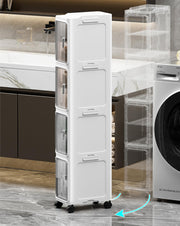 Narrow Bathroom & Kitchen Storage Cabinet with Transparent Drawers and Wheels – White