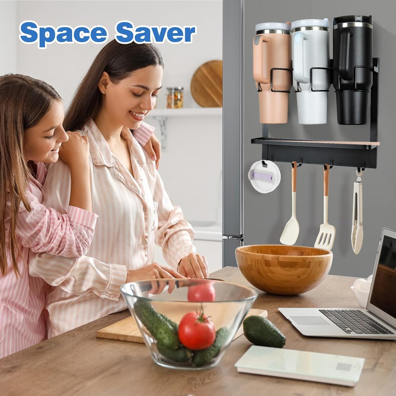 Magnetic Tumbler Organizer for 40 oz Water Bottle Holder with 4 Hooks (Black)