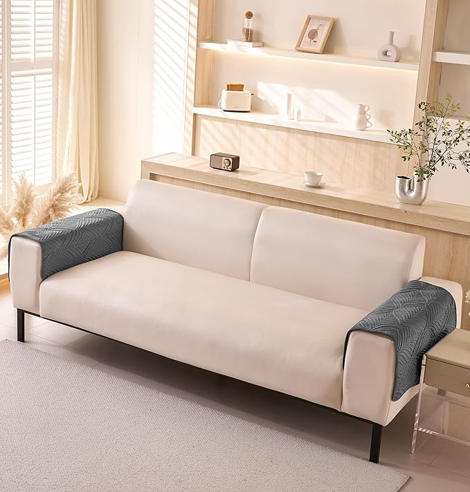 Velvet Plush Sofa Cover Palm Leaves Quilted Sofa Cover 1/2/3/4 Seater Mat (Grey)