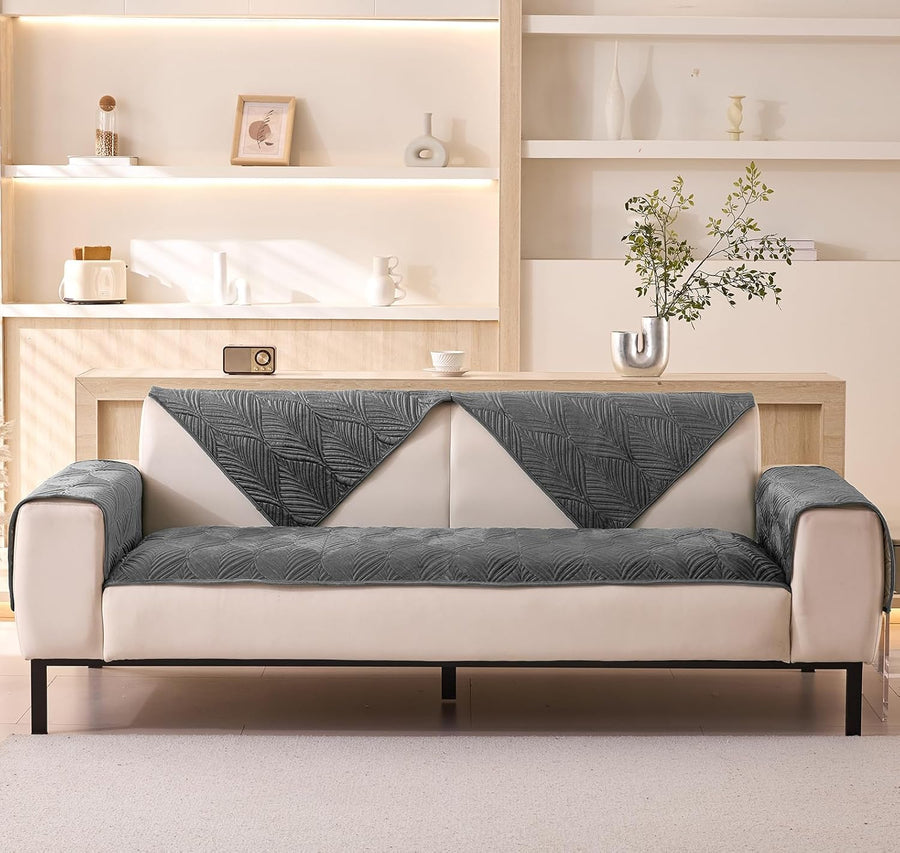 Velvet Palm Leaves Pattern Quilted Sofa Cover Set – 3-Piece (2 Armrest Covers 50x70cm + 1 Seat Cover) Grey