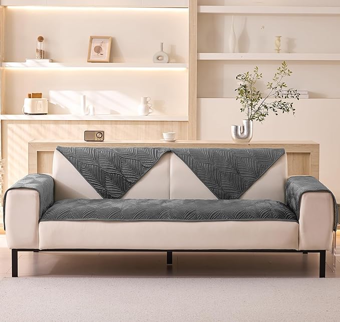 Velvet Plush Sofa Cover Palm Leaves Quilted Sofa Cover 1/2/3/4 Seater Mat (Grey)