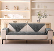 Velvet Plush Sofa Cover Palm Leaves Quilted Sofa Cover 1/2/3/4 Seater Mat (Grey)