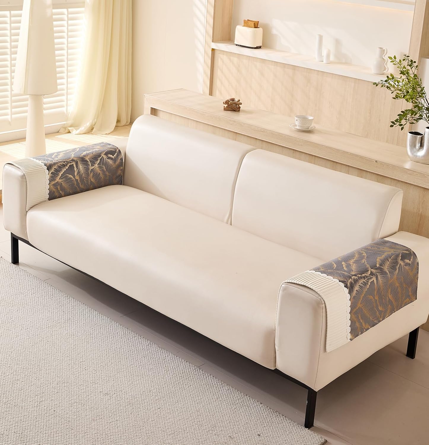 Sofa Cover Mat Leaf Pattern Chenille Fabric Seater Sofa (Grey)