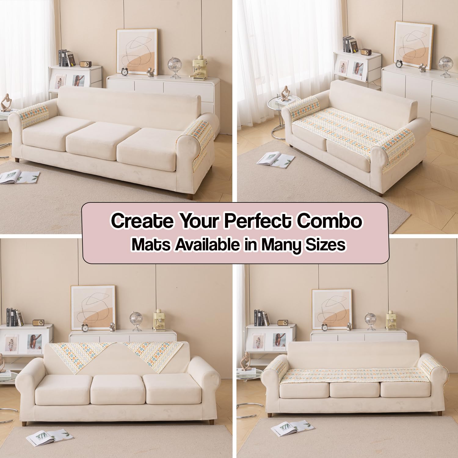 Printed Sofa Cover for Indian Sofa Set Quilted, Washable & Durable (Beige Garland)