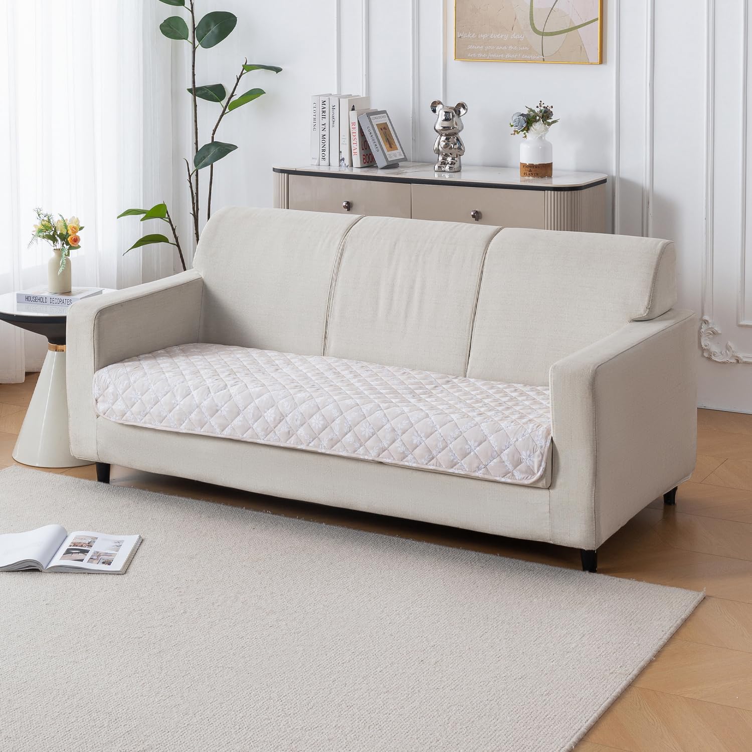 Printed Quilted Sofa Cover for 1/2/3/4 Seater Anti-Slip- Beige Blossom