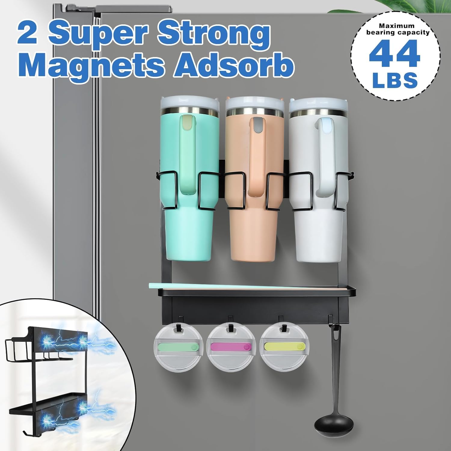 Magnetic Tumbler Organizer for 40 oz Water Bottle Holder with 4 Hooks (Black)