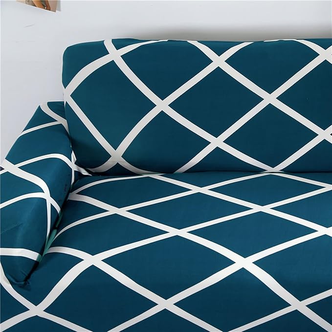 Polyester Spandex Printed Sofa Cover (Dark Blue Diamond)