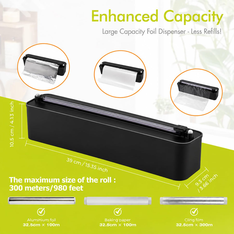 Aluminum Foil & Plastic Wrap Dispenser with Cutter - Black