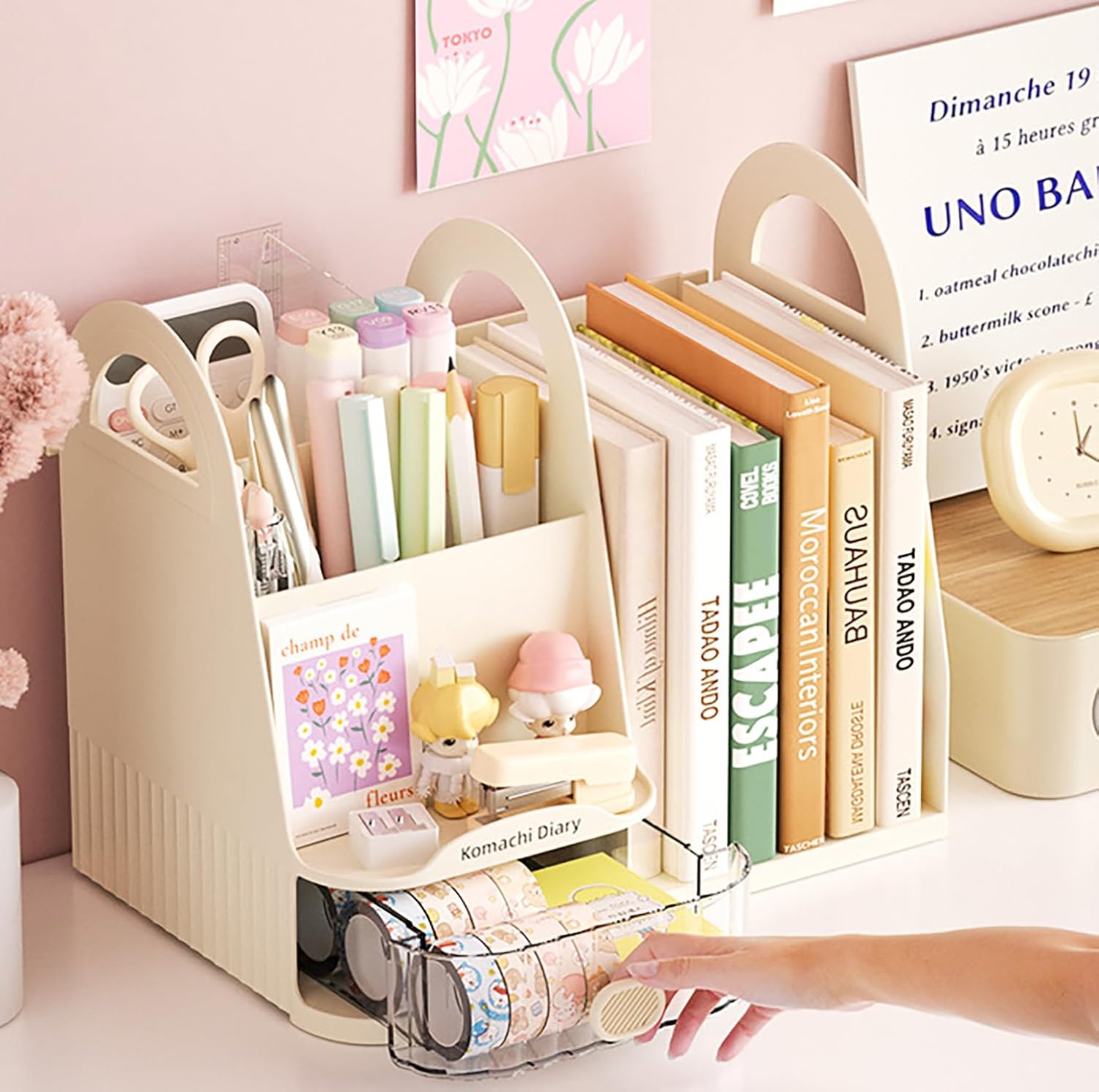 Modular Pen Holder & Desktop Bookshelf – Adjustable Left & Right Plastic Organizer (Cream)