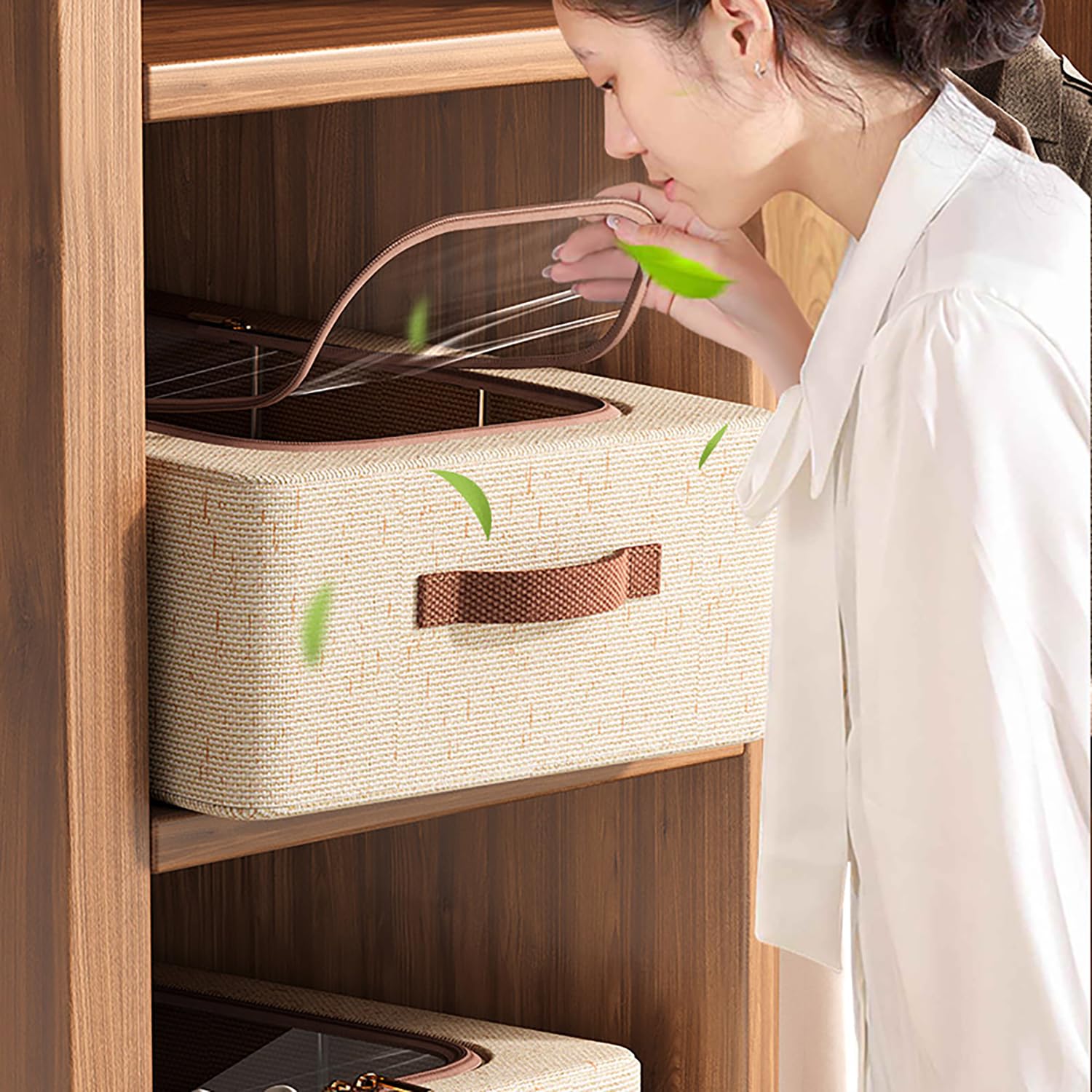 Cotton Linen Foldable Under Bed Storage Box with Transparent Lid-Beige