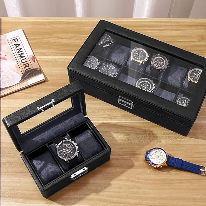 3 Slot PU Leather Watch Box with Glass Top,(Black)