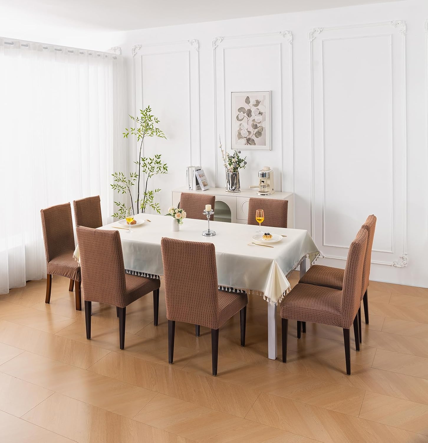 Decorative Dining Chair Cover – 220 GSM Stretch Jacquard Fabric (Brown)