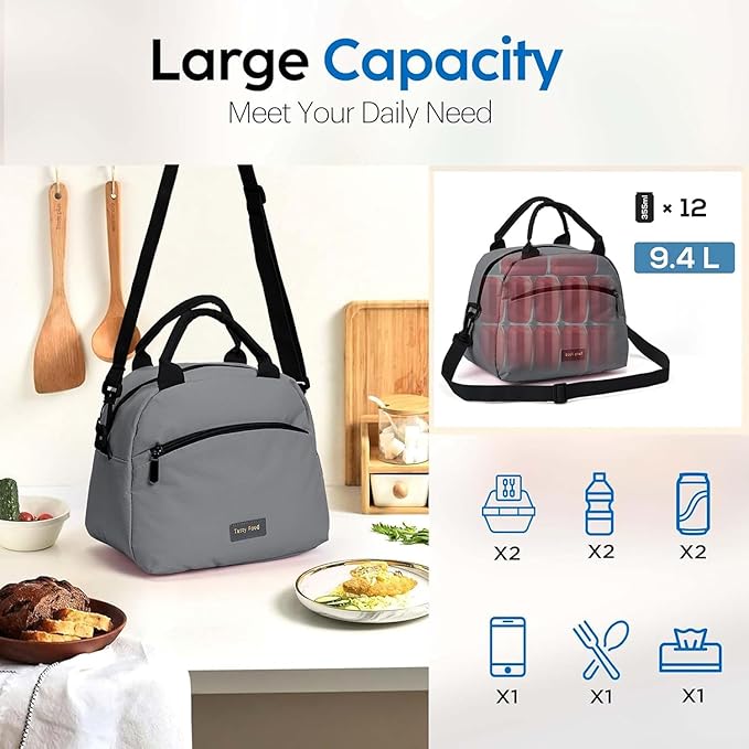 Insulated Lunch Bag for Women, Reusable Tote with Shoulder Strap