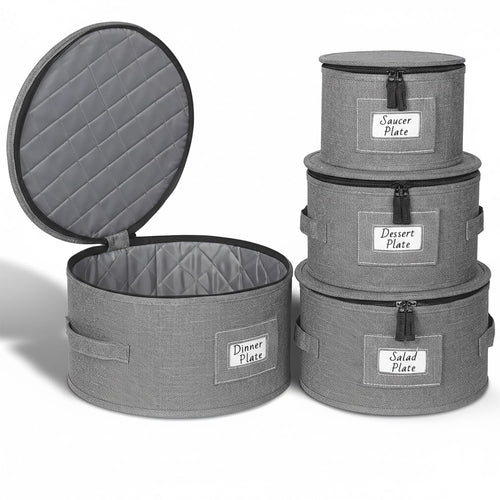 4-Piece Hard Shell Dish Storage Containers with Felt Dividers 12 Place Settings (Grey)
