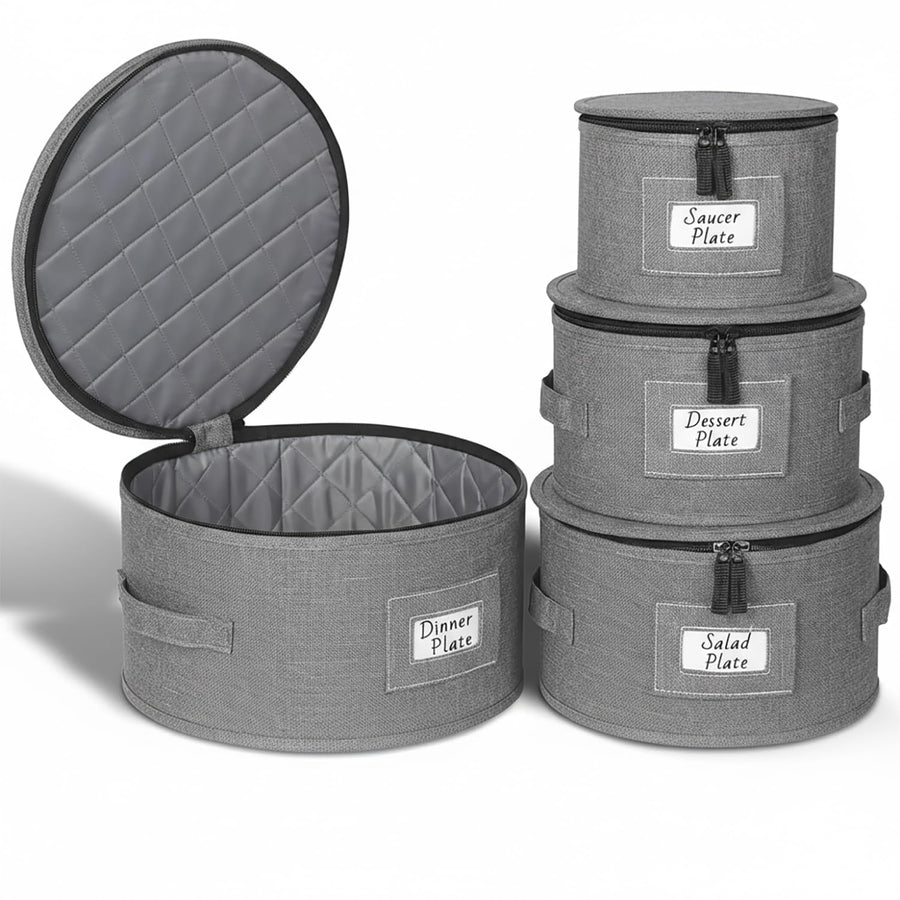 4-Piece Hard Shell Dish Storage Containers with Felt Dividers 12 Place Settings (Grey)
