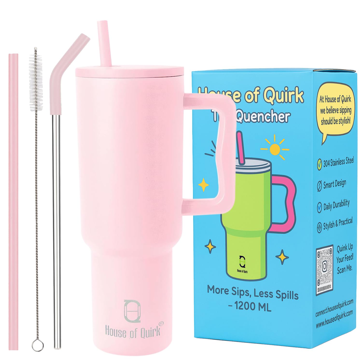 Stainless Steel Vacuum Insulated Tumbler with Straw and Lid & Handle - (1200 ML) (Solid colors)